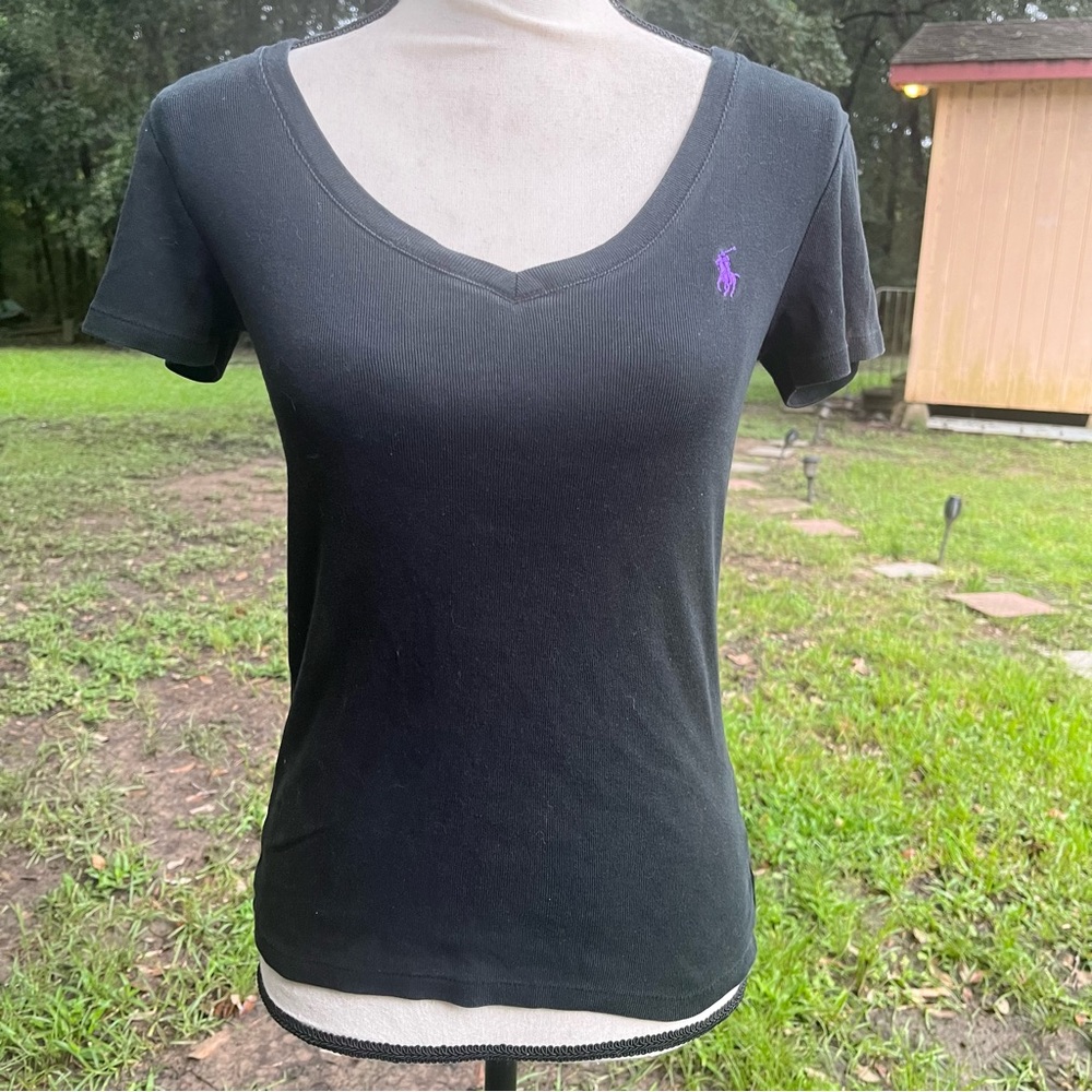 RALPH LAUREN SPORT BLACK COTTON T SHIRT SCOOP V NECK SHORT SLEEVE PURPLE LOGO